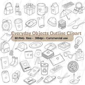 May include: Black and white line art of various everyday objects, including a purse, gift box, coffee mug, milk carton, keyboard, umbrella, keys, alarm clock, coffee cup, mouse, headphones, beanie, books, knife, spoon, t-shirt, backpack, mop, baseball cap, plate, shirt, lunchbox, lightbulb, wallet, lamp, towels, pillow, sunglasses, shopping bag, tablet, socks, notebook, phone, trash can, remote, fan, can, watch, notepad, pencil, slippers, and scissors.