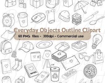 Everyday Objects Line Art Clipart, Daily Items Outline Icons, Minimal Hand Drawn Objects PNG, Commercial Use