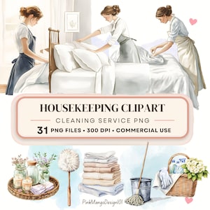 Watercolor Housekeeping Clipart, Cute Cleaning Supplies, Cleaning Service PNG, Laundry Clipart, Digital Download, Commercial Use