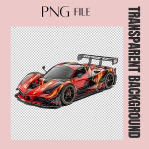 May include: A red and black sports car with a flame design. The car has a large rear wing and black wheels.