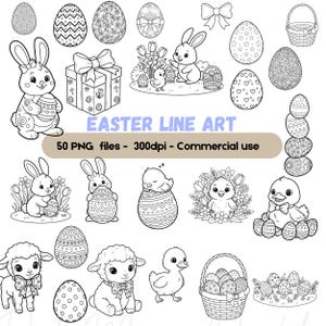 Könnte beinhalten: Schwarz-Weiß-Strichzeichnungen mit Ostermotiven, darunter Hasen, Küken, Eier, Lämmer und Körbe. Der Text "EASTER LINE ART" wird zusammen mit Details zum Dateiformat und zur kommerziellen Nutzung angezeigt.
