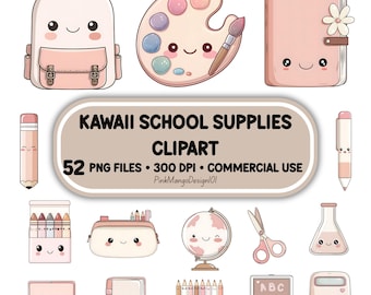 かわいい学用品クリップアート：パステルピンクの教室装飾（52個のPNGファイル、商用利用可）