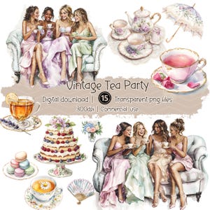 Pacchetto di clipart con tema "tea party" ad acquerello, grafica vintage per addio al nubilato, lussuosi set da tè, tazze da tè floreali, rinfrescanti bicchieri da tè
