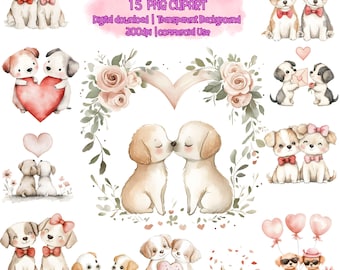 Watercolor Valentine's Day dogs Clipart bundle, Valentine Dog PNG, Valentines day clipart, Dog couple, Cute Puppy, Romantic Dog