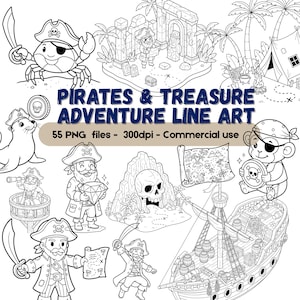 Può includere: Illustrazioni in bianco e nero di pirati ed elementi a tema pirata. Include una nave pirata, una mappa del tesoro, un granchio, una scimmia, una foca e vari personaggi pirata. Il testo recita "PIRATES & TREASURE ADVENTURE LINE ART".