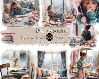 Rainy Day Reading Clipart Bundle: Cozy Book Lover PNGs (Digital Download)