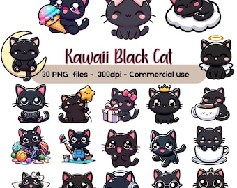 Kawaii schwarze Katze Clipart Bundle, süße Katze PNG Set, Chibi Katze digitaler Download, schwarzes Kätzchen Aufkleber, Sublimation & Scrapbook Grafiken