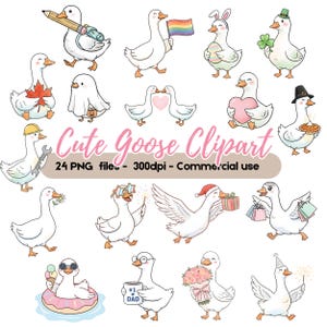 Könnte beinhalten: Eine Sammlung von Cartoon-Gänsen in verschiedenen Posen und Outfits. Einige Gänse halten einen Bleistift, eine Regenbogenflagge, ein Osterei, ein Kleeblatt, ein Ahornblatt und ein Herz. Der Text "Cute Goose Clipart" ist enthalten.