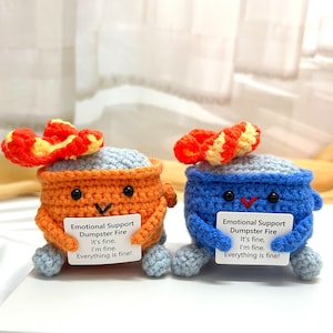 New crochet Orange/Dark Dumpster Fire, Emotional support bin, Crochet fire bin, Office ornament, Gift for colleagues, Computer desk ornament