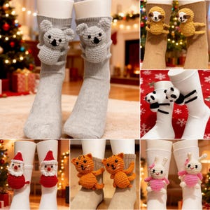 3D Stricktier Faultier Socken Koala/Weihnachtsmann/Schneemann/Elch/Panda/Katze Lustige Tiersocken Handgehäkelt/Lustiges Weihnachtsgeschenk, Warme Bodensocken