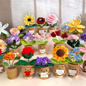 May include: A selection of vibrant, crocheted flowers displayed in small, woven pots. The flowers feature sunflowers, roses, and other types in shades of yellow, red, pink, and purple. Each pot has a smiling face and a small sign that reads "Thank you for helping me grow."