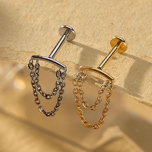 18/16G Tiny Vertical Dangle Hidden Helix Chain Piercing Dangle Titanium Labret • Threaded Flat Back Earring • Tragus • Helix • Cartilage