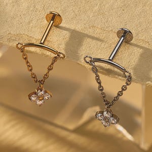 18/16G Tiny Vertical Dangle Hidden Helix Chain Piercing Dangle Titanium Labret • Threaded Flat Back Earring • Tragus • Helix • Cartilage