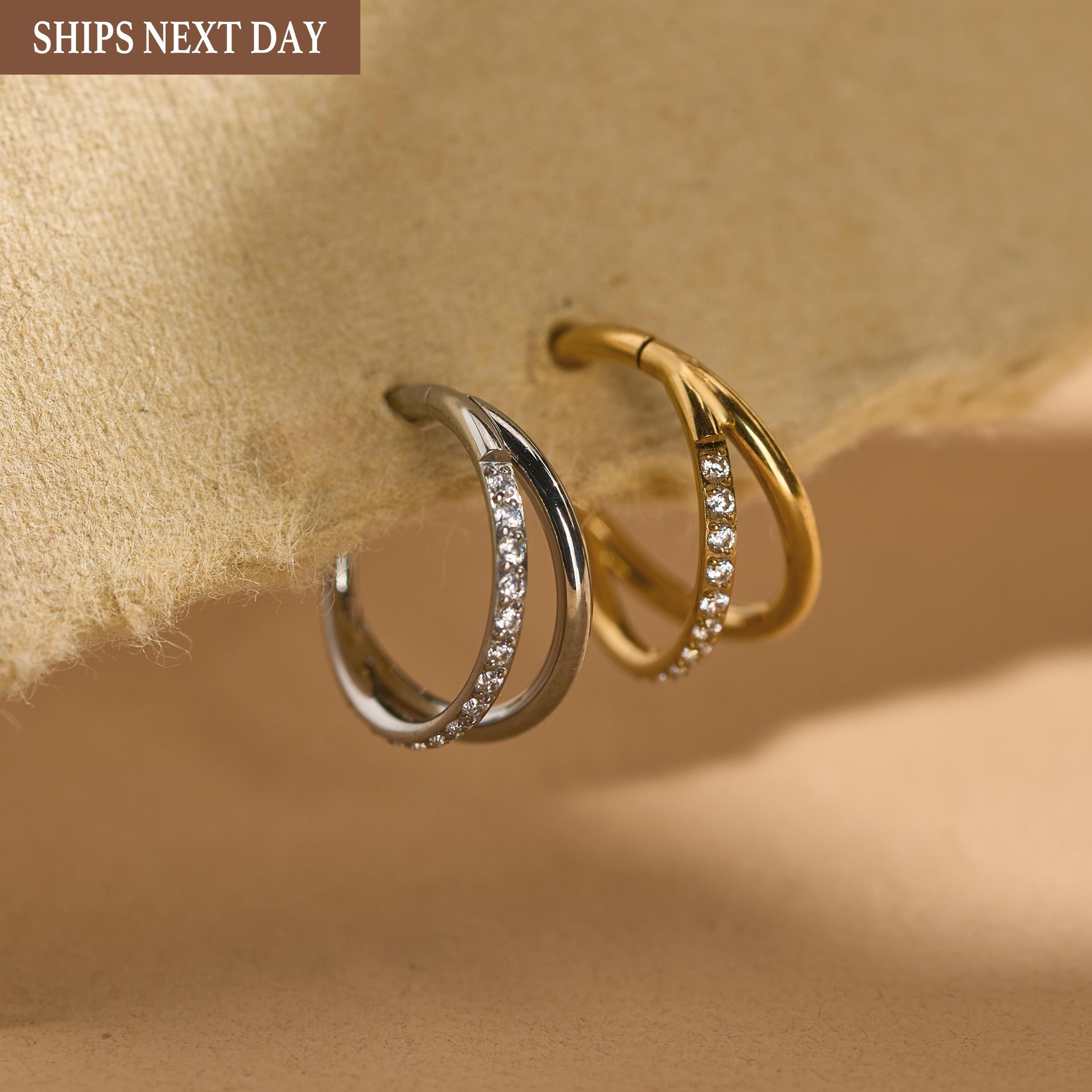 Titanium Tiny CZ Double Hinge Hoop Earrings • Hinged Segment Nose Ring • Rook piercing • Helix Hoop • Septum Clicker Ring • Conch Piercing
