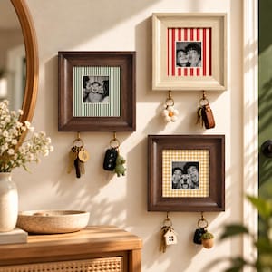 May include: Three square wall-mounted photo frames with integrated brass hooks for keys. One frame is light wood with red stripes, while two are dark wood with green stripes and yellow gingham patterns, each displaying a black and white photograph.