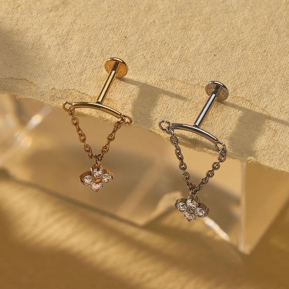 18/16G Tiny Vertical Dangle Hidden Helix Chain Piercing Dangle Titanium Labret • Threaded Flat Back Earring • Tragus • Helix • Cartilage