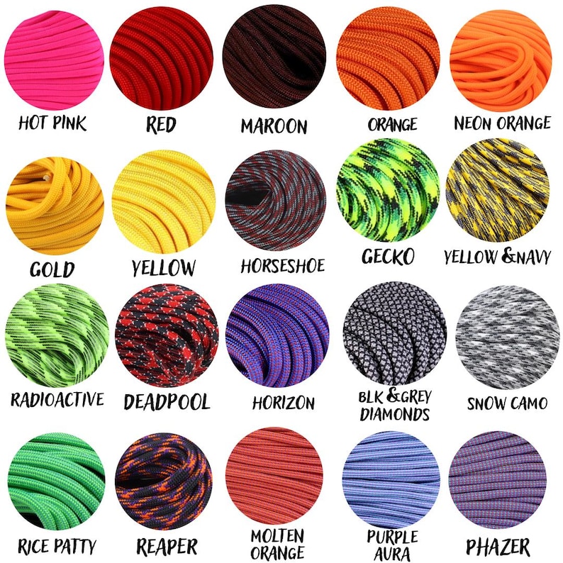Pu&ograve; includere: Una collezione di paracord colorati in varie tonalit&agrave;, tra cui rosa acceso, rosso e arancione. Ogni colore &egrave; etichettato con il suo nome, come "Deadpool" e "Snow Camo". Il paracord &egrave; disposto in fasci circolari, mostrando le diverse opzioni di colore.