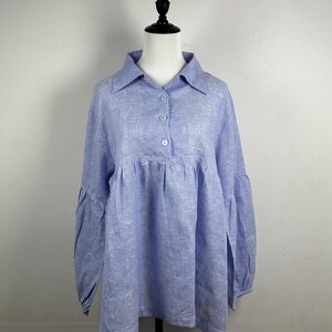 Pure Linen long sleeves shirt, Loose Linen Shirt, Oversized casual loose soft linen blouses, Blue and Pink