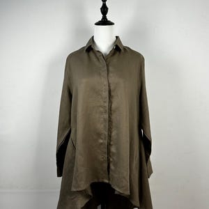 Pure Linen long sleeves shirt, Loose Linen Shirt, Oversized casual loose soft linen blouses, Brown Color