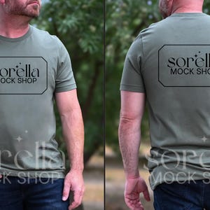 Bella Canvas 3001 Military Green Tshirt Front Back Mockup, BC 3001 Military Green Front Back View Split Mockup,  BC3001 Male Model Mockup