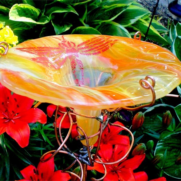 HUMMINGBIRD FEEDER, fused glass, ORANGE with Red Dragonfly outlined in gold