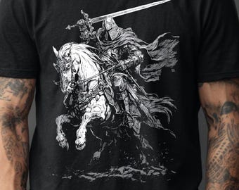 Koszulka z motywem rycerza z mrocznej fantazji – koszulka z średniowiecznym wojownikiem konnym – koszulka z grafiką RPG Gothic – koszulka z grafiką DnD Paladyna – Fantasy Battlewear