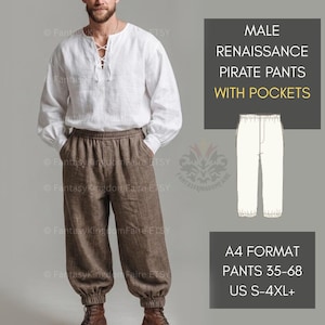 May include: A person wearing a white long-sleeved shirt with a lace-up neckline and brown pirate pants with pockets. The image includes text that reads "MALE RENAISSANCE PIRATE PANTS WITH POCKETS" and "A4 FORMAT PANTS 35-68 US S-4XL+".