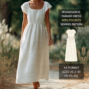 Renaissance Long Medieval Farmer Dress Pattern XS-4XL | Regency Maiden Dress Gathered Waist Ren Faire Maxi With Pockets | A4 US Sizes 2 - 30