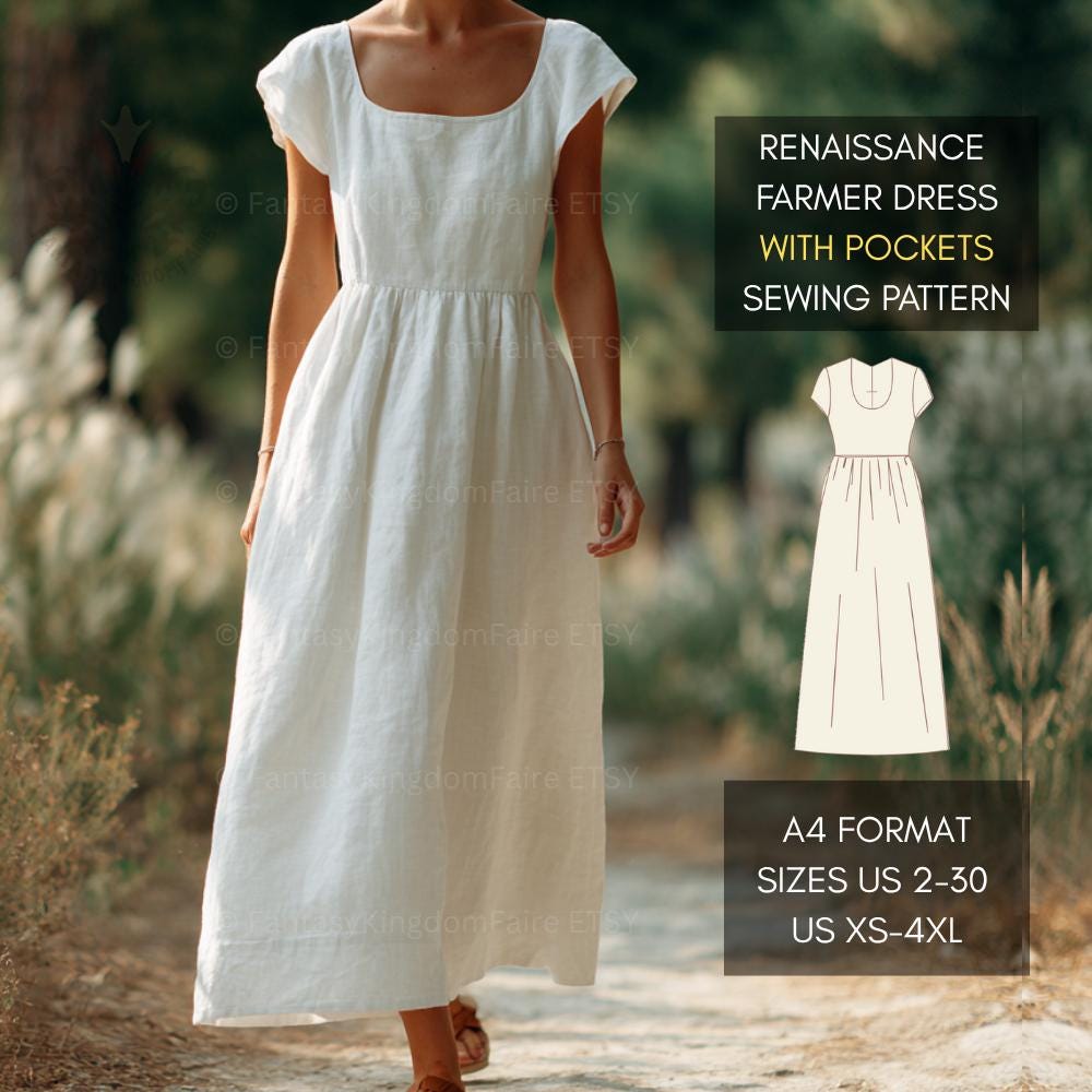 Renaissance Long Medieval Farmer Dress Pattern XS-4XL | Regency Maiden Dress Gathered Waist Ren Faire Maxi With Pockets | A4 US Sizes 2 - 30