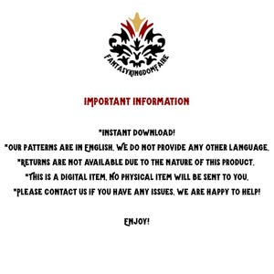May include: White background with the text "FANTASYKINGDOMFAIRE" and "IMPORTANT INFORMATION". The text also includes "*INSTANT DOWNLOAD!" and other details about the product. A decorative emblem is at the top.