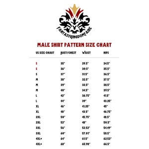 May include: A white chart with black text detailing a male shirt pattern size chart. The chart includes US size, bust/chest, waist, and hips measurements in inches. The Fantasy Kingdom Faire logo is at the top.