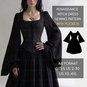 May include: Black Renaissance witch dress sewing pattern with pockets. The dress features a square neckline, long bell sleeves, and a corset-style bodice. The pattern includes sizes US 2-30 and US XS-4XL. A silhouette of the dress is also shown.