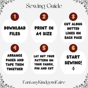 May include: A sewing guide with six steps for a sewing project. The steps include downloading files, printing in A4 size, cutting along dotted lines, arranging pages, laying out the pattern, and starting to sew. The text is in a serif font.