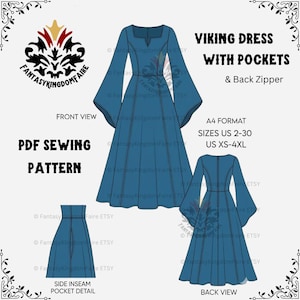 May include: A PDF sewing pattern for a Viking dress with pockets and a back zipper. The dress is shown in a teal color with long, flared sleeves. The pattern includes front, back, and side views, and is available in sizes US 2-30 (XS-4XL).