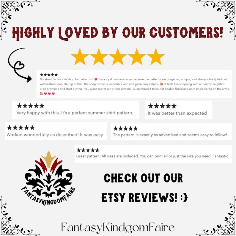 May include: A white background with the text "HIGHLY LOVED BY OUR CUSTOMERS!" in maroon. The image features five gold stars and customer reviews. The shop logo is also visible, along with the text "CHECK OUT OUR ETSY REVIEWS! :)".