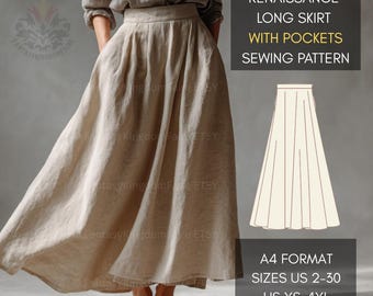 Renaissance Long Medieval Skirt Pattern XS-4XL | Fairy Regency Elf Dress Skirt Maxi Skirt Flowy Ren Faire Skirt | A4 US Sizes 2 to 30
