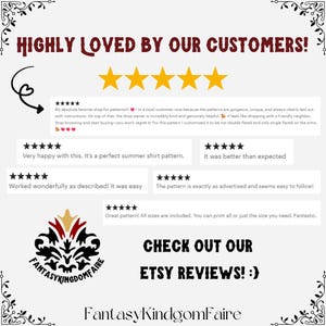 May include: A graphic display featuring the text HIGHLY LOVED BY OUR CUSTOMERS! above five yellow stars and several customer reviews. The bottom includes a black and red logo with the text FANTASYKINGDOMFAIRE and the text CHECK OUT OUR ETSY REVIEWS! :)