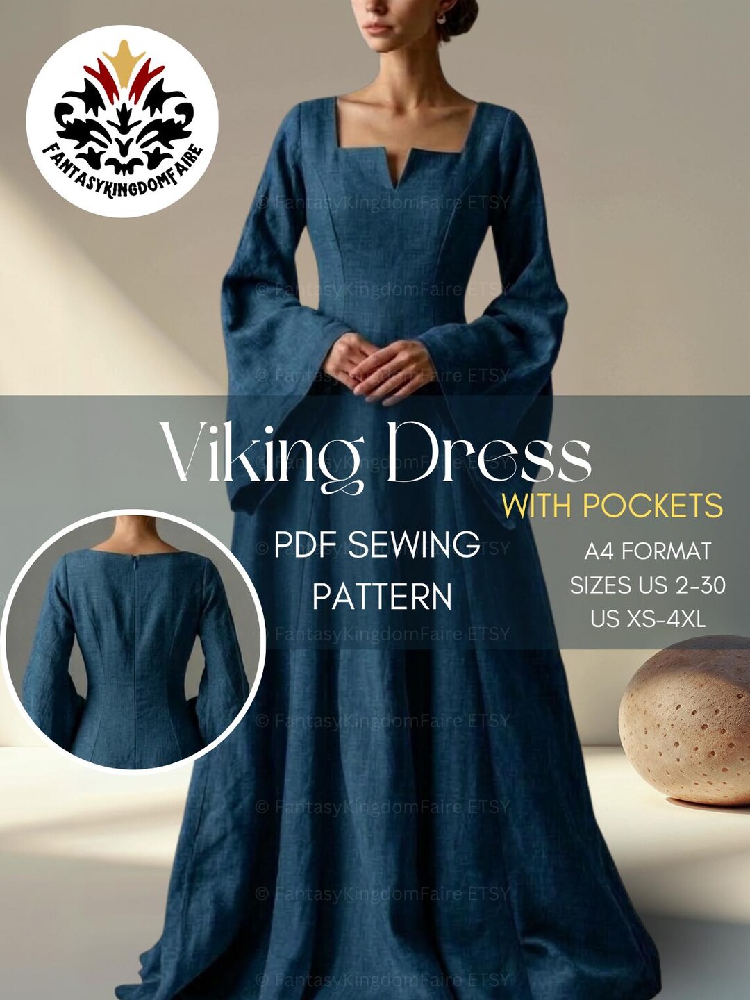 Medieval Viking Dress Pattern With Pockets XS 4XL A4 US Sizes 2 To 30 medieval-viking-dress-pattern-with-pockets-xs-4xl-a4-us-sizes-2-to-30