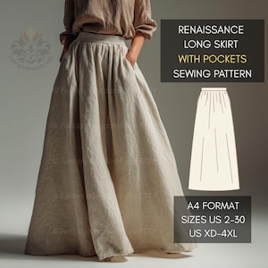 Renaissance Long Medieval Skirt Pattern XS-4XL | Fairy Regency Elf Skirt Gathered Waist Ren Faire Maxi Skirt | A4 US Sizes 2 to 30