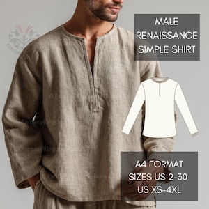 Puede incluir: Una camisa beige de estilo renacentista con un diseño sencillo. La camisa tiene cuello en V y mangas largas. La imagen incluye el texto "MALE RENAISSANCE SIMPLE SHIRT" y "A4 FORMAT SIZES US 2-30 US XS-4XL".