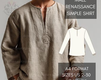 Renaissance Medieval Simple Male Shirt Pattern XS-4XL | Men&#39;s Pirate Peasant Shirt Ren Faire Peasant LARP Top | A4 US Sizes 2 to 30
