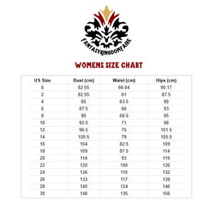 May include: A white background features a size chart for women's clothing. The chart includes US sizes, bust, waist, and hip measurements in centimeters. The Fantasy Kingdom Faire logo is at the top.