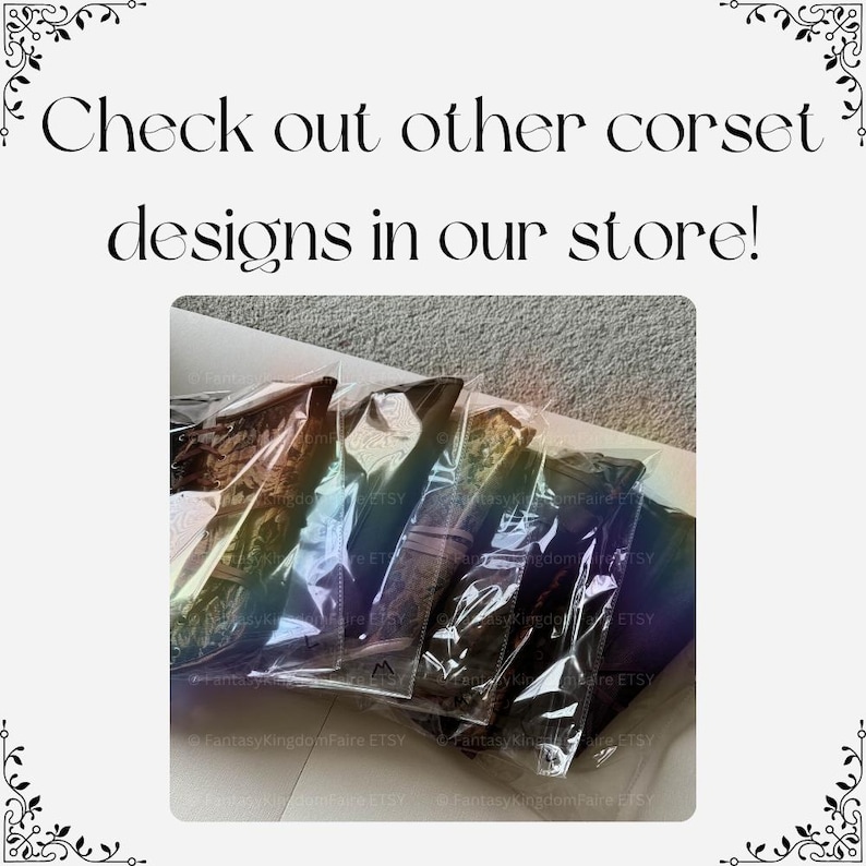 May include: Five corsets individually packaged in clear plastic sleeves, arranged in a row. The text at the top reads: Check out other corset designs in our store! The corsets feature various dark, intricate patterns and textures visible through the plastic.