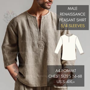 Può includere: Una camicia da contadino rinascimentale beige con maniche a 3/4. La camicia ha uno scollo a V ed è realizzata in un tessuto strutturato. L'immagine include il testo "MALE RENAISSANCE PEASANT SHIRT 3/4 SLEEVES" e "CHEST SIZES 36-68 US S-4XL+".
