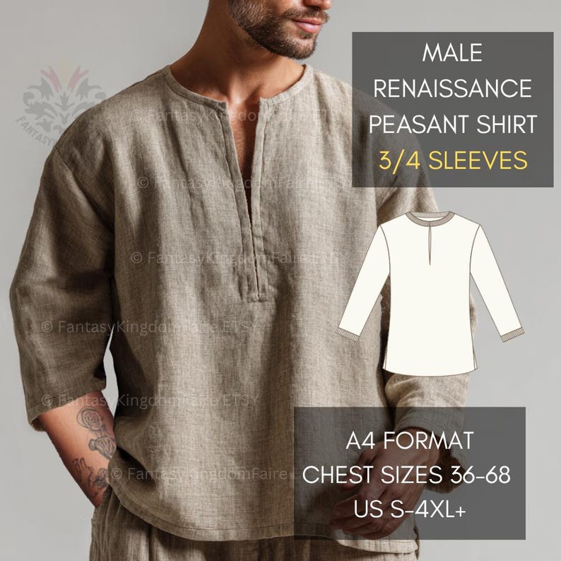May include: A light brown Renaissance peasant shirt with 3/4 sleeves. The shirt has a V-neck and is made of a textured fabric. The image includes text that reads "MALE RENAISSANCE PEASANT SHIRT 3/4 SLEEVES" and "CHEST SIZES 36-68 US S-4XL+".