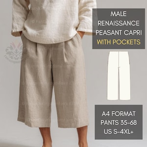 May include: Beige Renaissance peasant capri pants with pockets. The pants are knee-length and have a relaxed fit. The image also includes the text "MALE RENAISSANCE PEASANT CAPRI WITH POCKETS" and "A4 FORMAT PANTS 35-68 US S-4XL+".