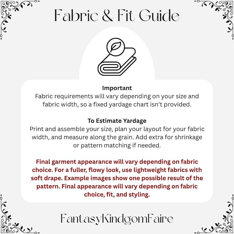 May include: A white graphic with the text "Fabric & Fit Guide" and a diagram of fabric. The text provides instructions on estimating yardage for sewing projects, including fabric requirements and garment appearance.