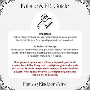 May include: A white graphic with the text "Fabric & Fit Guide" and a diagram of fabric. The text provides instructions on estimating yardage for sewing projects, including fabric requirements and garment appearance.