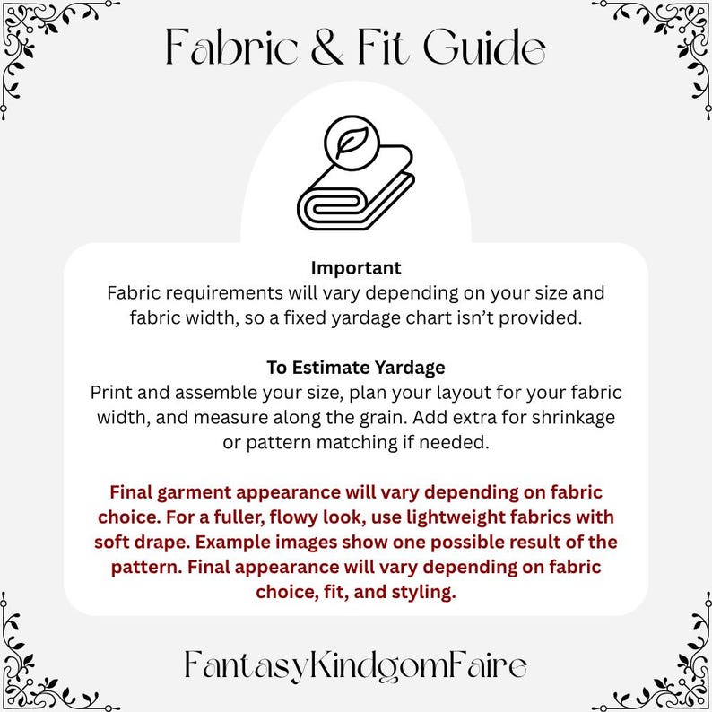 May include: A white graphic with the text "Fabric & Fit Guide" and a diagram of fabric. The text provides instructions on estimating yardage for sewing projects, including fabric requirements and garment appearance.