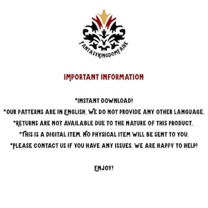 May include: White background with the text "FANTASYKINGDOMFAIRE" and "IMPORTANT INFORMATION". The text also includes "*INSTANT DOWNLOAD!" and other details about the product. A decorative emblem is at the top.